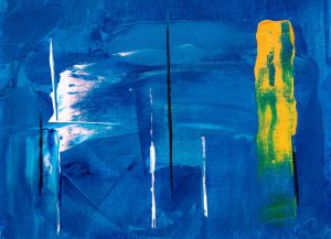 Abstract painting on canvas, with blue white black and yellow paint